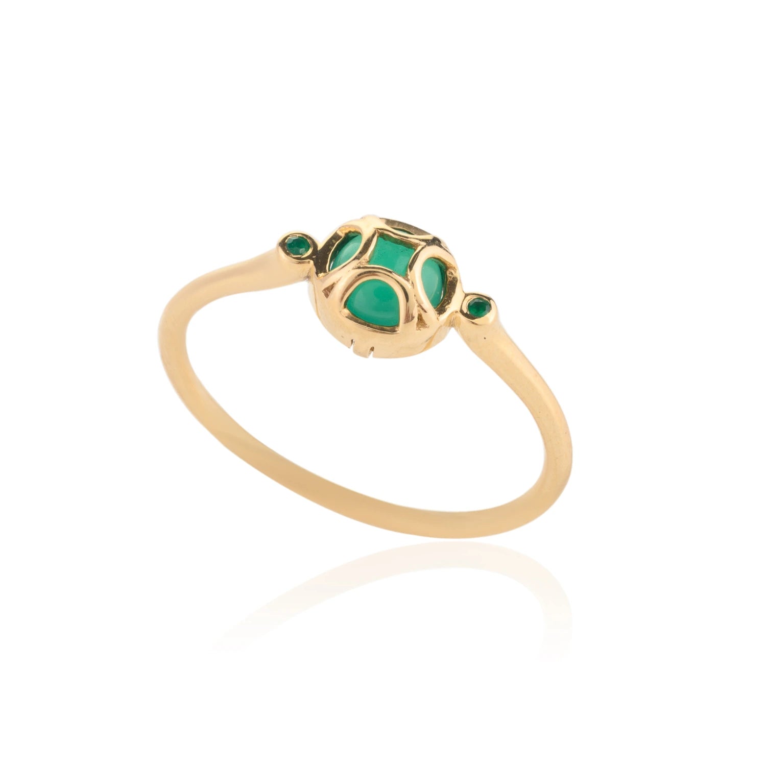 18K Solid Yellow Gold Green Onyx Dainty Ring