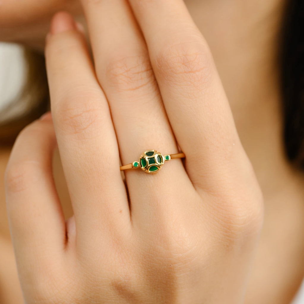 18K Solid Yellow Gold Green Onyx Dainty Ring Image